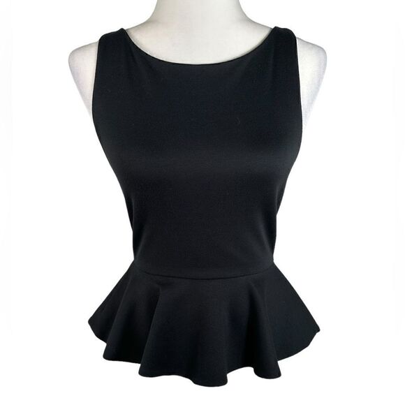 Alice + Olivia Ponte Black Mesh Panel Sleeveless Peplum Top - Picture 3 of 8